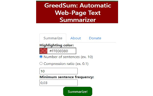 GreedSum: Automatic Web-Page Text Summarizer