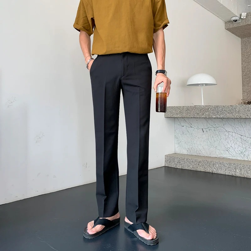Calças de terno masculinas, soltas e retas, seda gelo fina de verão, estilo drapeado, frescas e ideais para o calor.