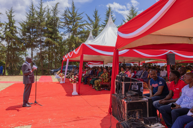 Deputy President Rigathi Gachagua speaks during Sunday Mass at Muthithi Parish in Kigumo Constituency, Murang'a County on March 24, 2024.