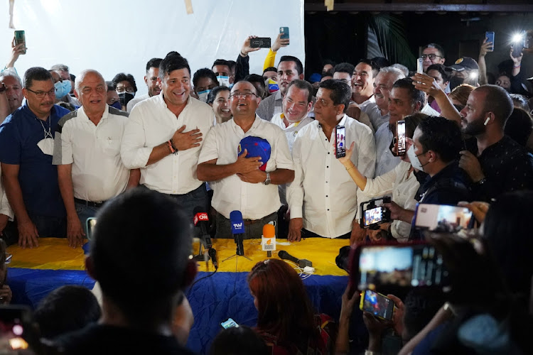 Sergio Garrido, governor-elect of Barinas, centre, speaks during a news conference in Barinas, Venezuela, January 9 2022. Picture: MANAURE QUINTERO/BLOOMBERG