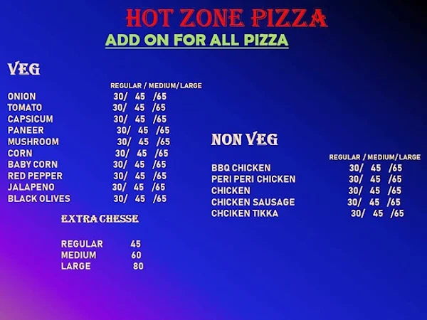 Hot Zone Pizza menu 