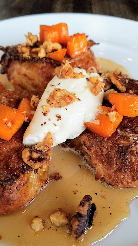 Verdigris Brunch, available everyday not just weekends. Croissant French Toast with Butternut Squash Compote, Chantilly, Walnuts