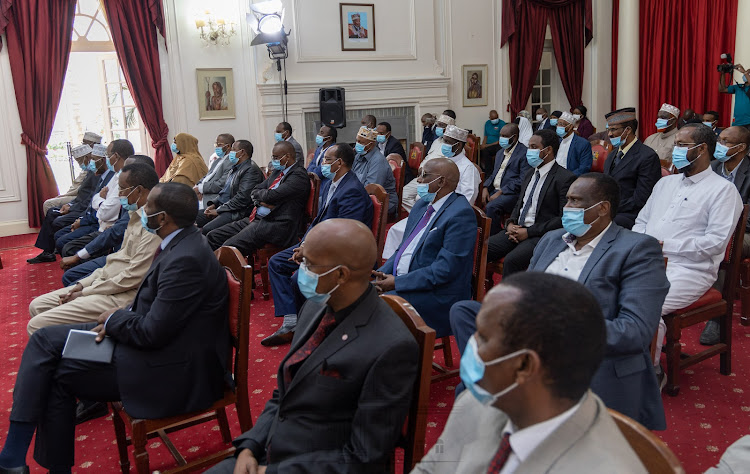 President Uhuru Kenyatta meets leaders from Mandera County at State House, Nairobi, on March 2, 2022.