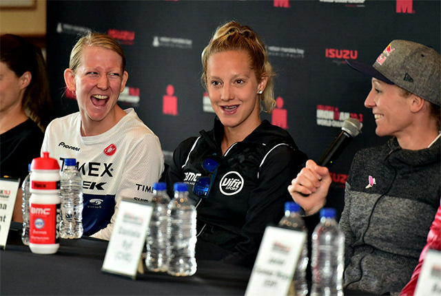 Competitors Jeanni Seymour (SA), Emma Pallant (Great Britain) and Daniela Ryf (Switzerland) in good spirits at Thursday’s media conference ahead of the Isuzu Ironman 70.3 World Championships