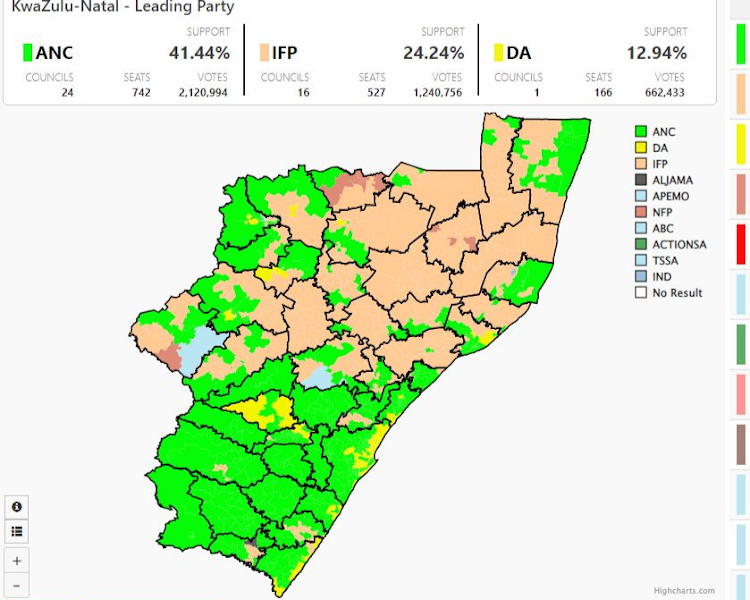 Results of the 2021 local government elections in KZN.