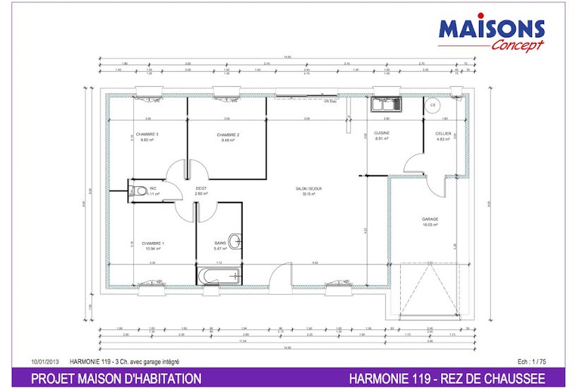  Vente Terrain + Maison - Terrain : 1 363m² - Maison : 100m² à Reugny (37380) 