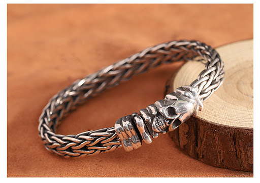 Title 9, Thai Antique S925 Silver Mens Weaving Skull Br...