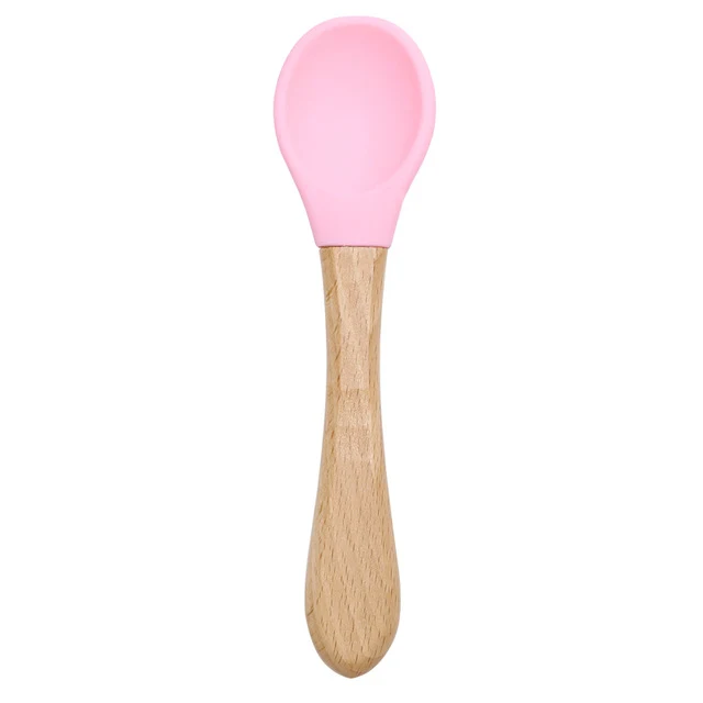 Cuillère en bois et silicone pour l'apprentissage de l'alimentation, vaisselle d'entraînement pour bébé, sûre et facile à nettoyer.