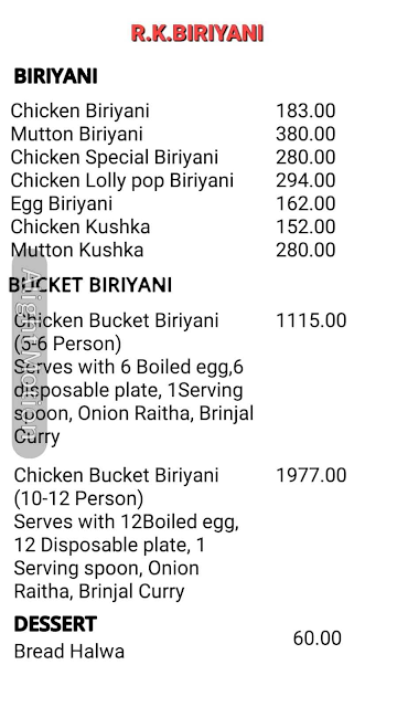 R.K.Biriyani menu 