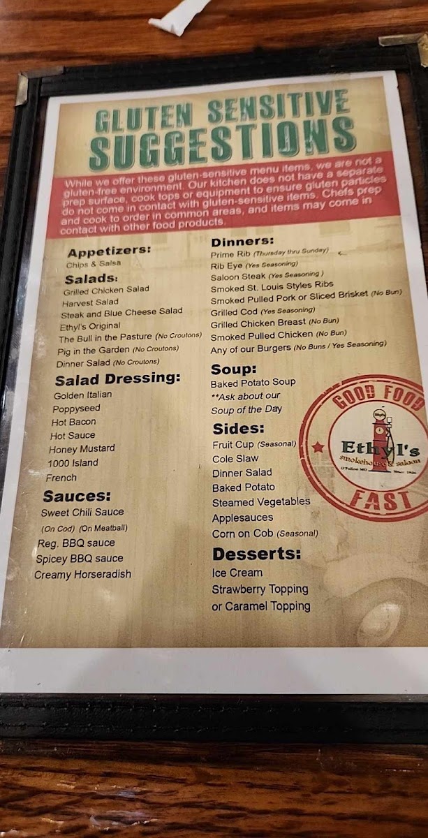 Ethyl's Smokehouse & Saloon gluten-free menu