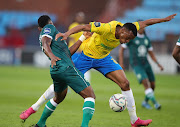 Mothobi Mvala of Mamelodi Sundowns challenged by Mattar Ceesay of AmaZulu in the DStv Premiership match between at Loftus Versfeld  in Pretoria on August 20, 2021.