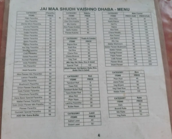 Jai Maa Shudh Vaishano Dhaba menu 