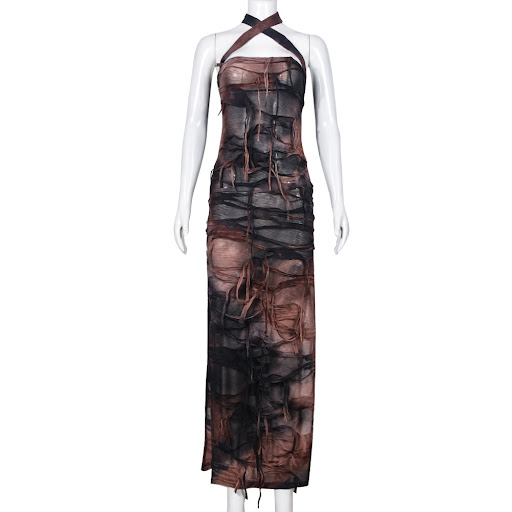 Title 9, Summer Sleeveless Backless Slit Tie-dye Dress W...