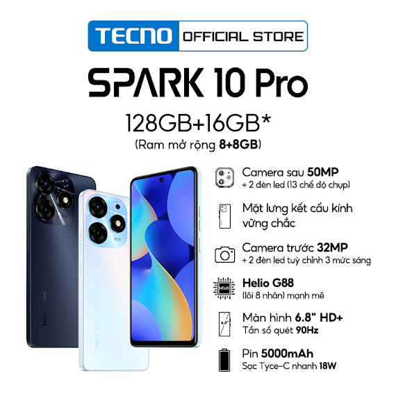 Điện Thoại Tecno Spark 10 Pro 8Gb/128Gb - Helio G88 | 5000 Mah | Sạc Nhanh 18W | Cảm Ứng Vân Tay - Hàng Chính Hãng