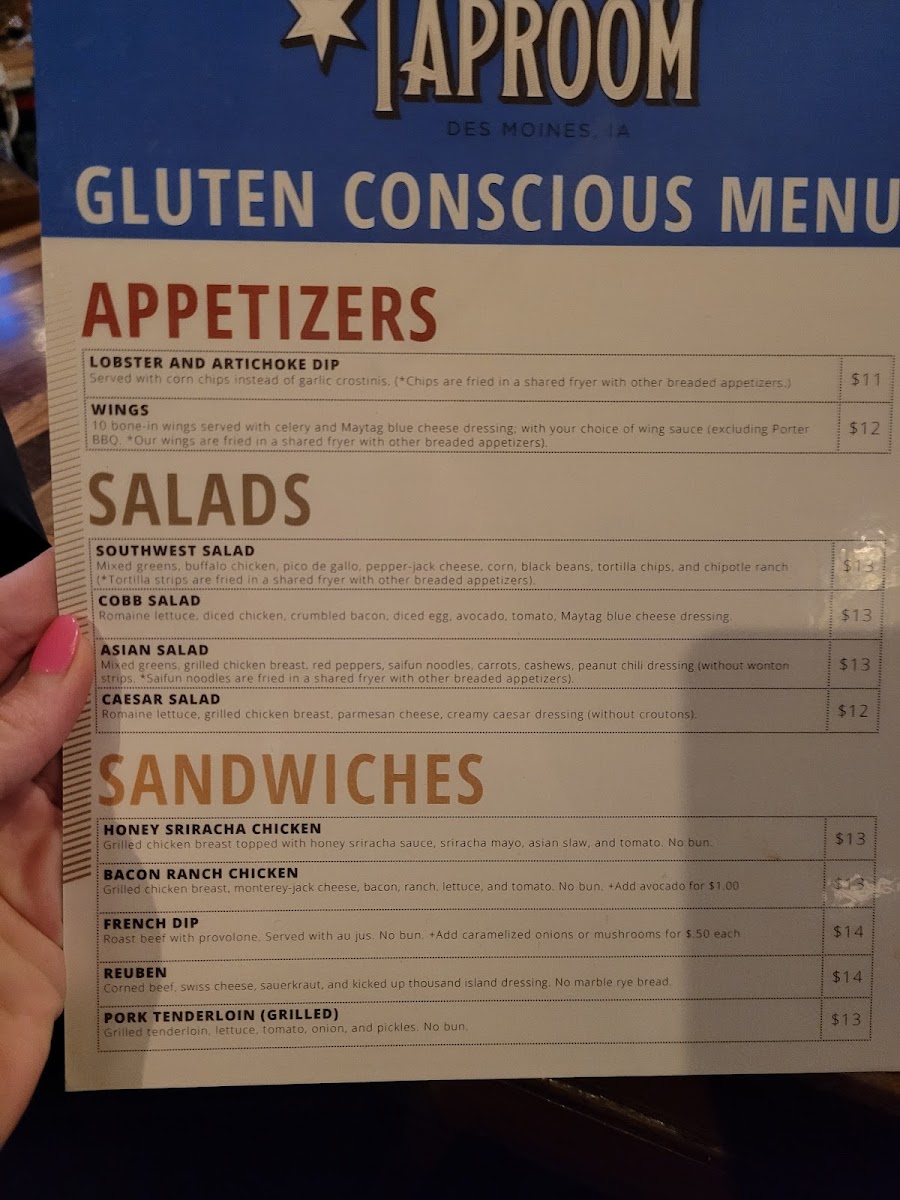 The Iowa Taproom gluten-free menu