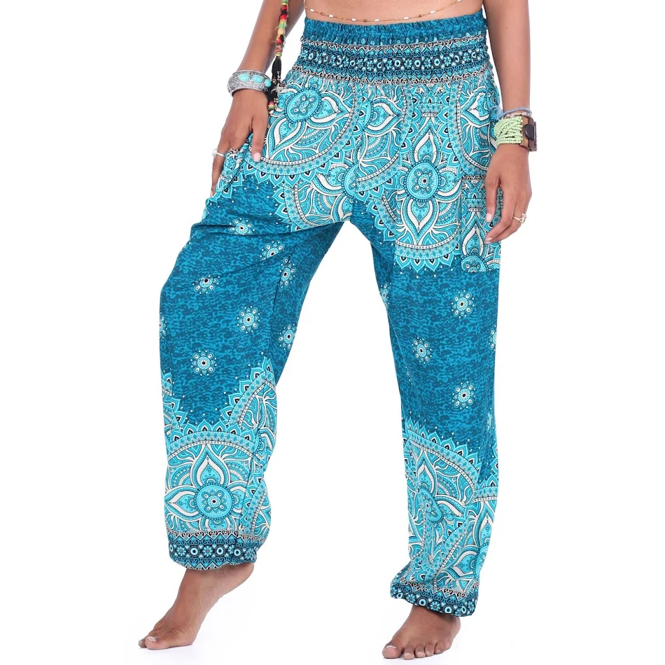 Calças de yoga esportivas femininas com estampa étnica digital, soltas, amarradas no tornozelo. Perfeitas para dança e lazer. Bloomers confortáveis.