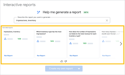 Example of cards showing generated reports in Google Ad Manager
