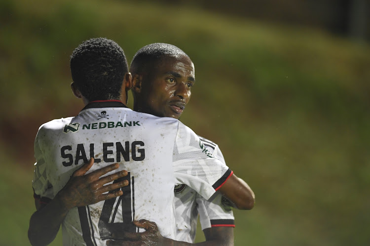 Orlando Pirates' scorers Monnapule Saleng (left) and Thembinkosi Lorch during the Nedbank Cup last 32 match against All Stars FC at Milpark Stadium on February 11 2023.