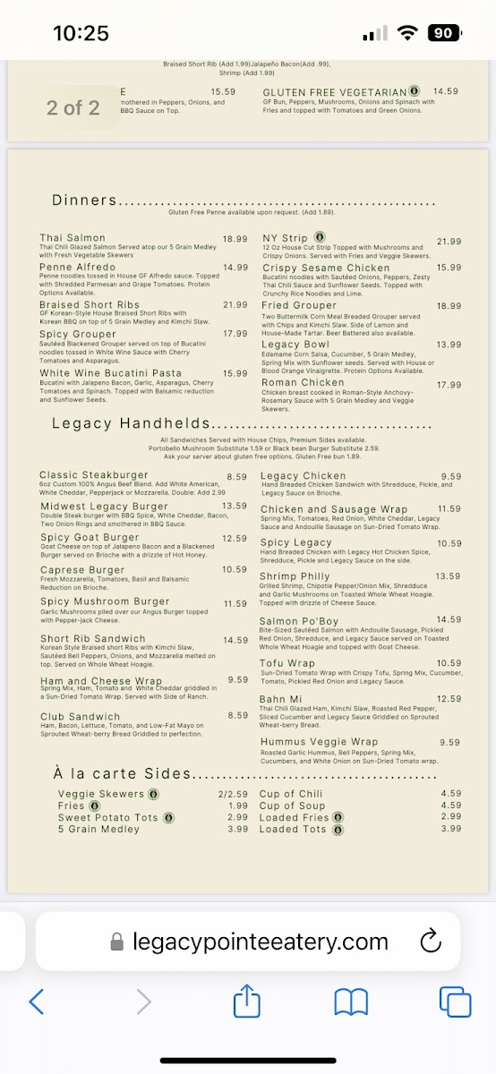 Legacy Pointe Eatery gluten-free menu