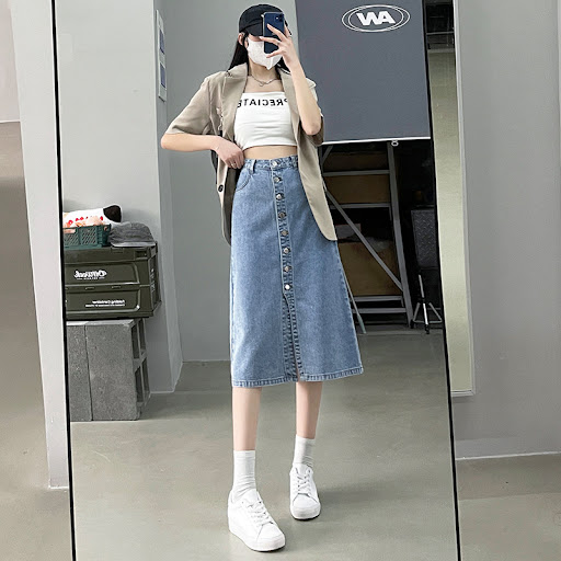 Title 4, Womens Mid-Length A-Line High Waist Split Deni...