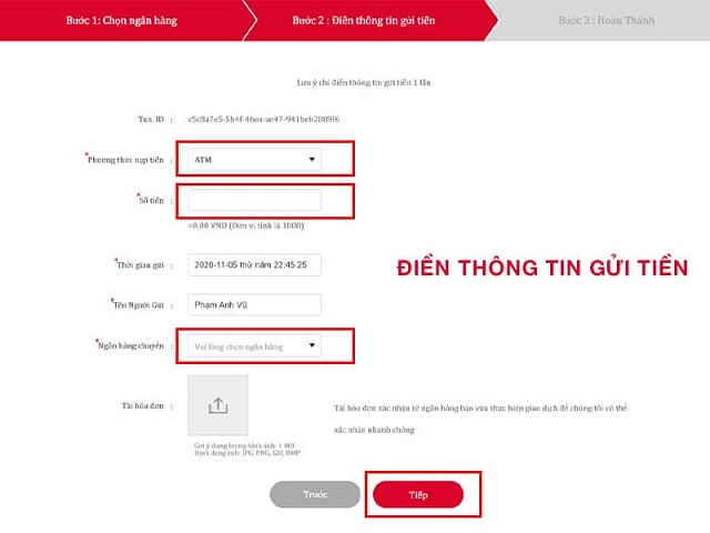 điền thông tin gửi tiền