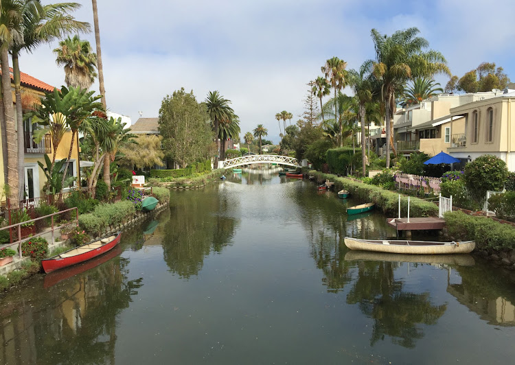 A bridge spanning one of the small canals of Venice, California. 