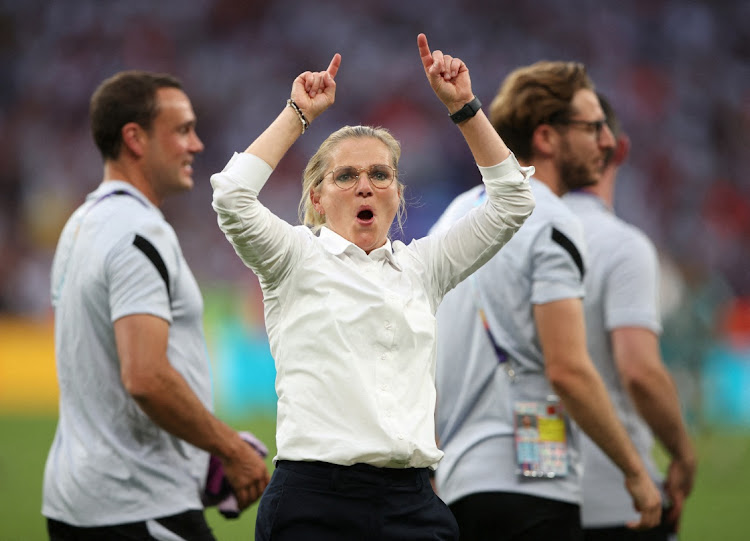 England manager Sarina Wiegman celebrates winning the Women's Euro 2022 final after the match at Wenbley Stadium, London on July 31 2022: Picture: REUTERS/Molly Darlington