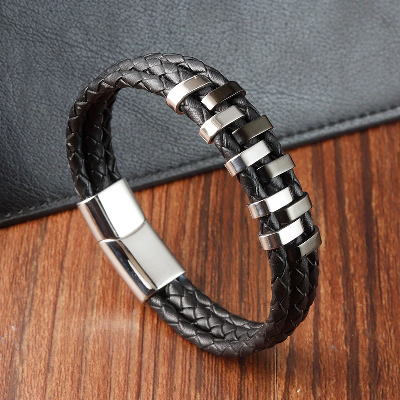 Title 3, Bracelet tressé en cuir et acier inoxydable pou...