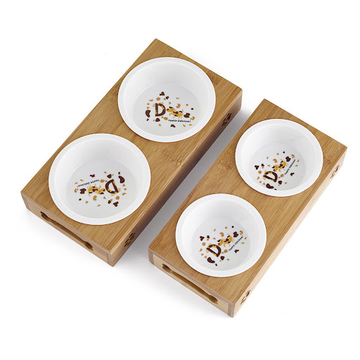 Title 3, Double stainless steel cat bowl with bamboo fra...