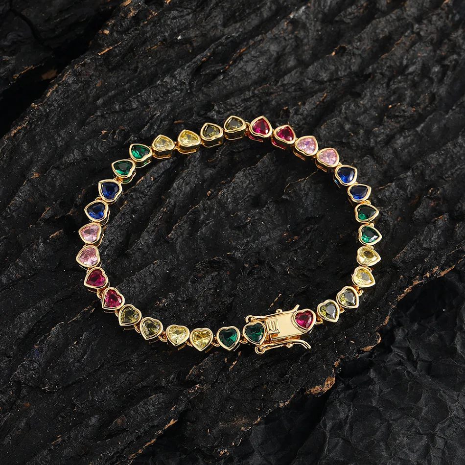 Bracciale tennis colorato europeo e americano a forma di cuore 4x4mm, catena doppia per coppie, stile hip hop, catena amore.