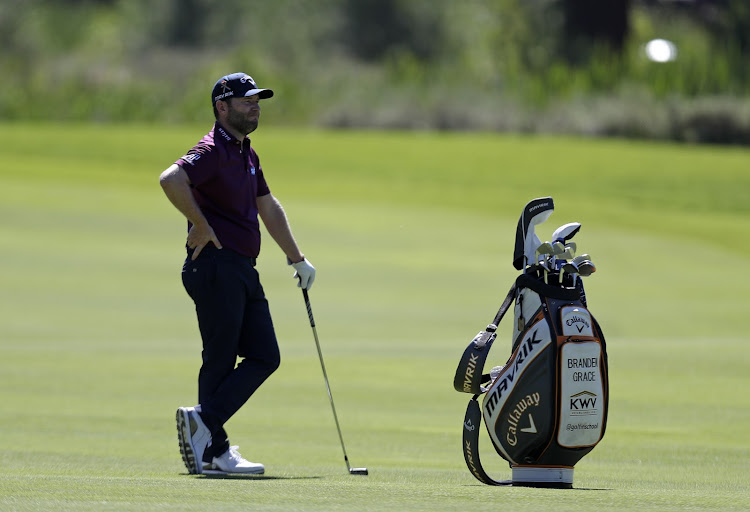 Branden Grace prepares to play his shot during the first round of the Barracuda Championship at Tahoe Mountain Club's Old Greenwood Golf Course in Truckee, California, on July 30, 2020.