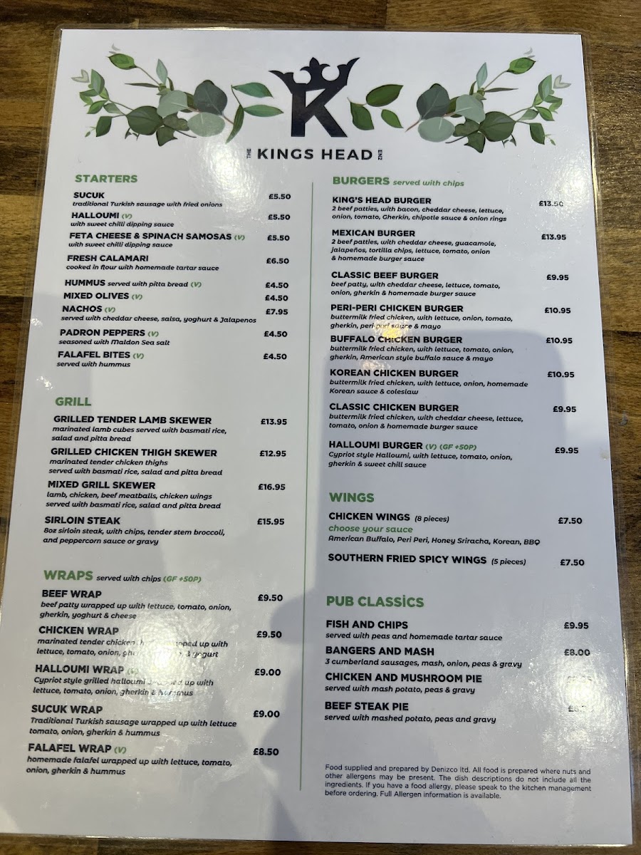 The Kings Head Enfield gluten-free menu