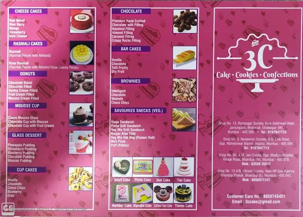 3C Cake Cookies Confections menu 