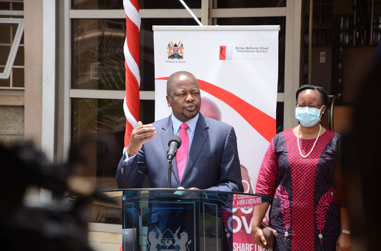 Health CS Mutahi Kagwe launches a blood donation drive ahead of the Valentine's weekend at Kenya National Blood Transfusion Centre, Nairobi on February 10,