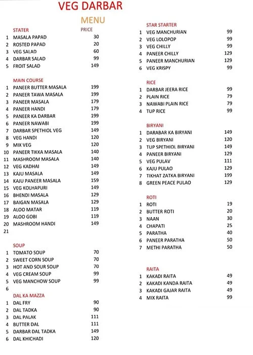 Veg Darbar menu 