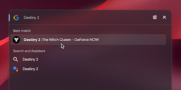Chrome  Finder window searching for Destiny 2 and Destiny 2: The Witch Queen - Geforce NOW as best match result