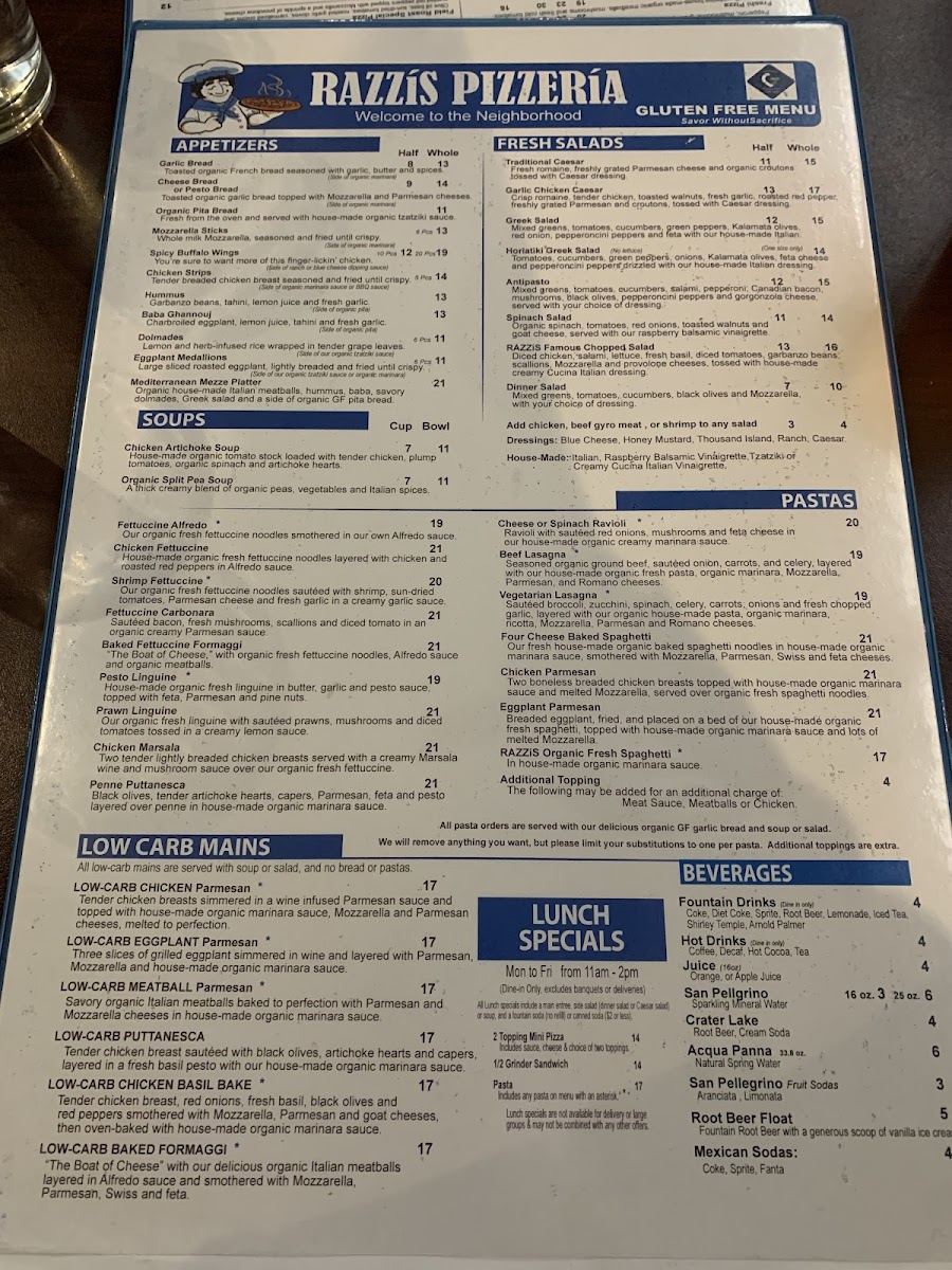 Razzi's Pizzeria gluten-free menu