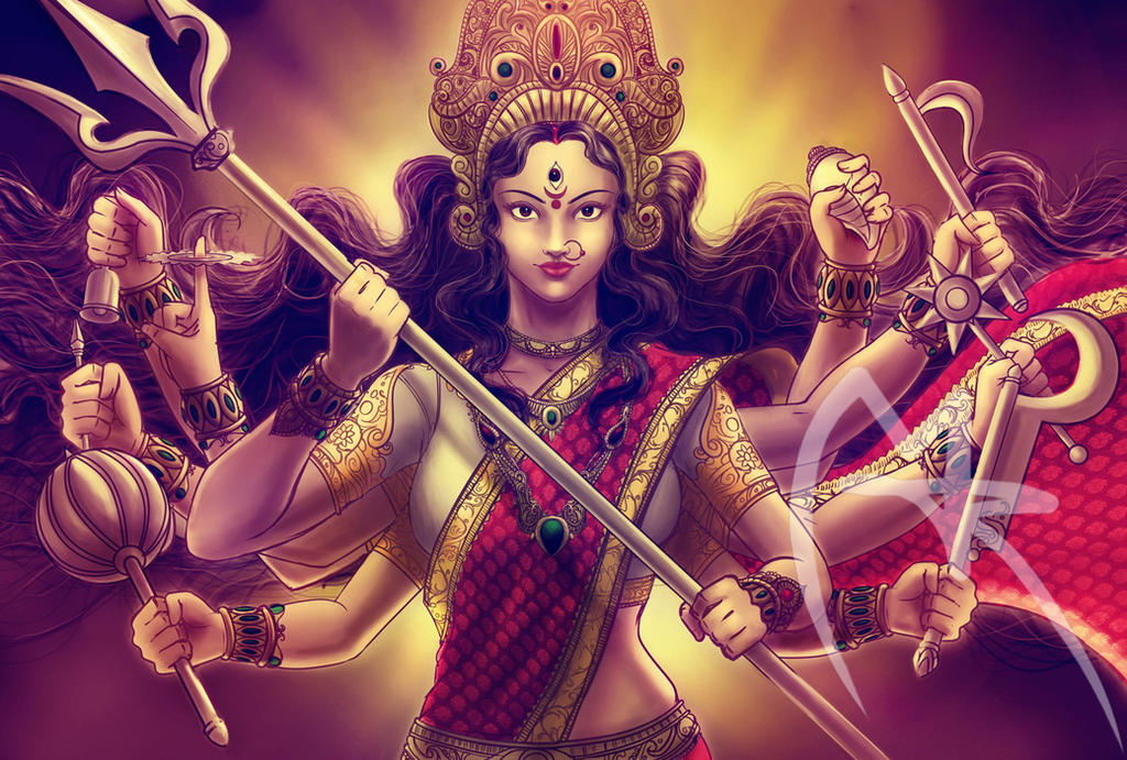 As shown in the artwork, Durga carries numerous weapons in addition to a trident in front of her. There is a gold crown atop her head and her hair flows behind her.