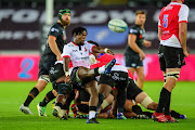 Sanele Nohamba of Lions clears during the United Rugby Championship match between Ospreys and Emirates Lions at Swansea.com Stadium on September 24, 2022 in Swansea, Wales. 