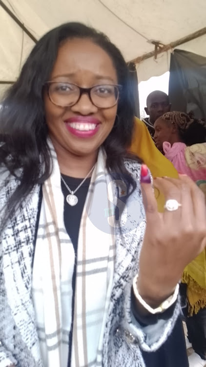 Nakuru senator and gubernatorial candidate Susan Kihika casting her vote at Ngomongo polling station, Bahati constituency on Tuesday, August 9.