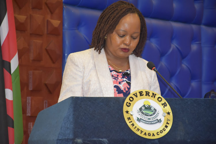 Kirinyaga county governor Ann Waiguru addressing county MCAs on Friday at the county assembly in Kerugoya.