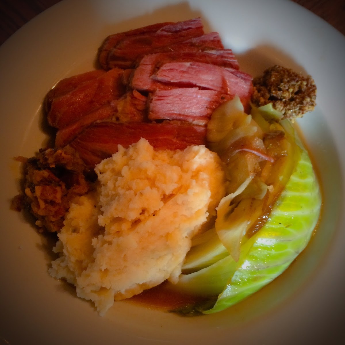 Corned beef and cabbage with bacon jam, whole grain mustard and homemade mashed potatoes