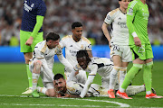 Federico Valverde, Joselu, Rodrygo and Eduardo Camavinga of Real Madrid celebrate after the team's victory in the Uefa Champions League semifinal second leg against FC Bayern Münich at Estadio Santiago Bernabeu in Madrid on Wednesday night.