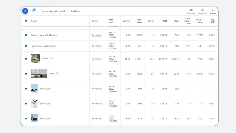 Animation showing metrics in the asset report