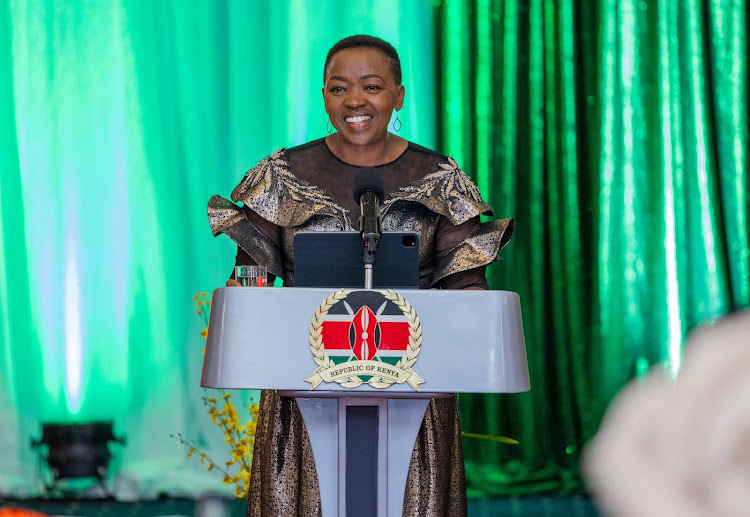 First lady Rachel Ruto speaking during a dinner in honour of visiting members of the Organisation of African First Ladies for Development at State House, Nairobi on November 22, 2023