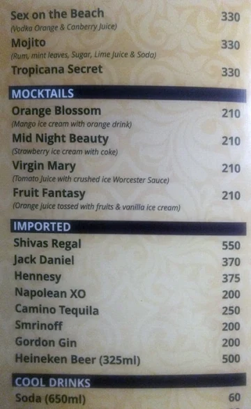 Tropicana Bar menu 