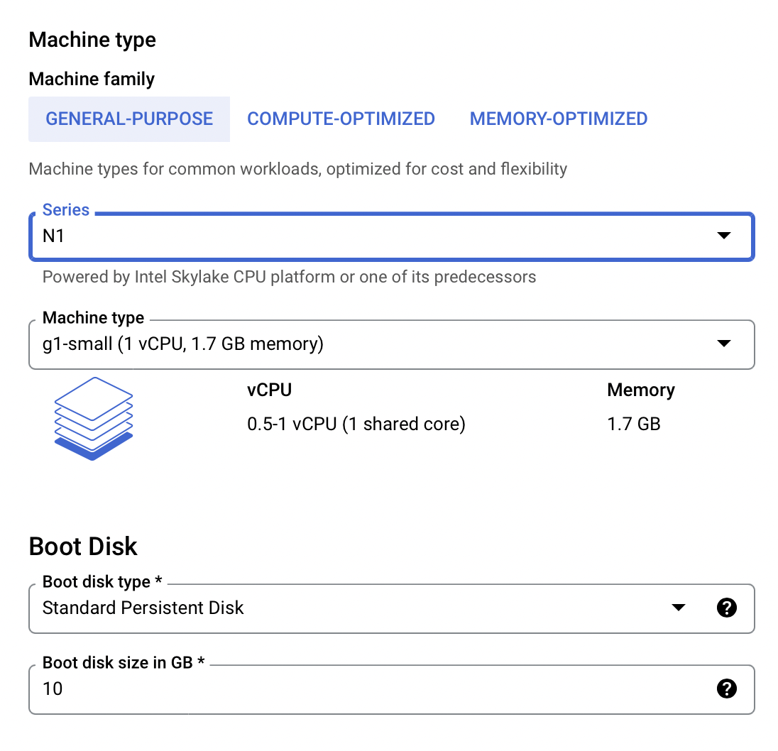 A screenshot of the Google Cloud interface showing customization options when creating a virtual machine.