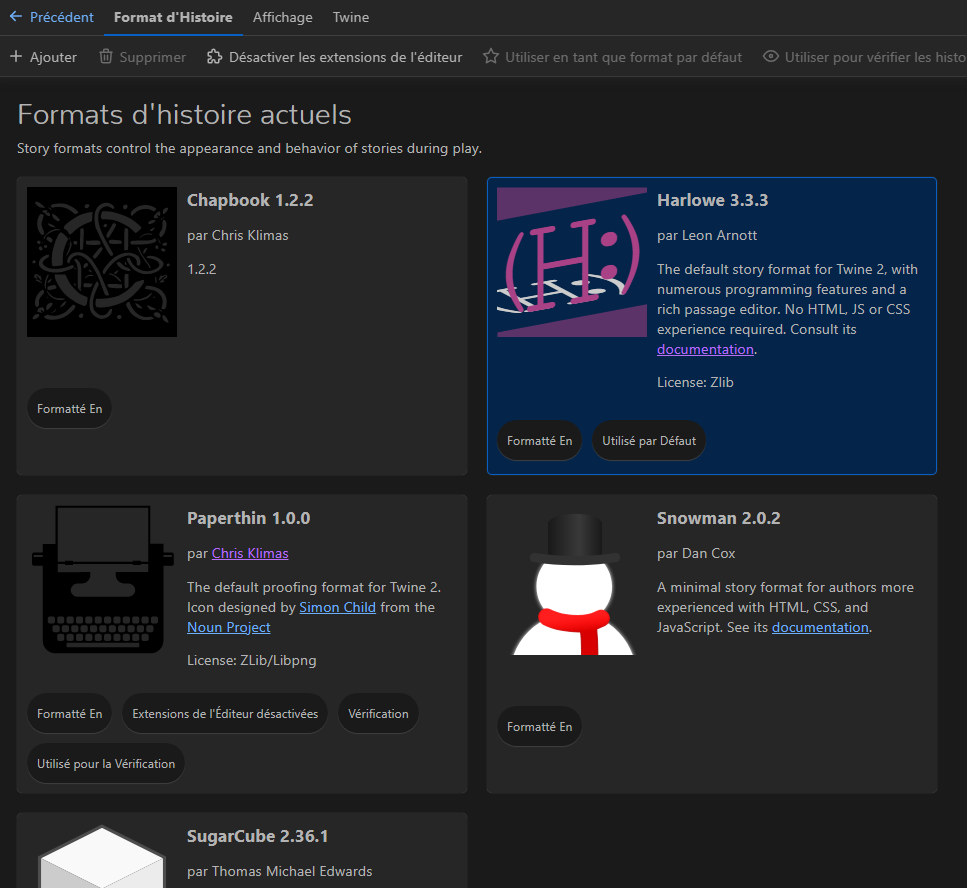 La page Formats d'histoire affiche une grille de formats. Chacun possède un titre, une icône, le nom du créateur, une petite description et des tags. La case Harlowe 3.3.3 est sélectionnée et le tag Utilisé par défaut lui est attribué.
