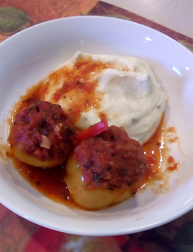 Veggie Stuffed Mini Bella Peppers with side of Mashed Potato