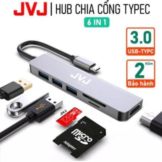 Hub Type C Usb C6 Jvj 6 Trong 1 Đa Năng Cổng Chuyển Đổi Chia Cổng Usb 3.0 Tốc Độ 500Mb/S Sd, Tf, 4K, Hdmi Cho Laptop Táo